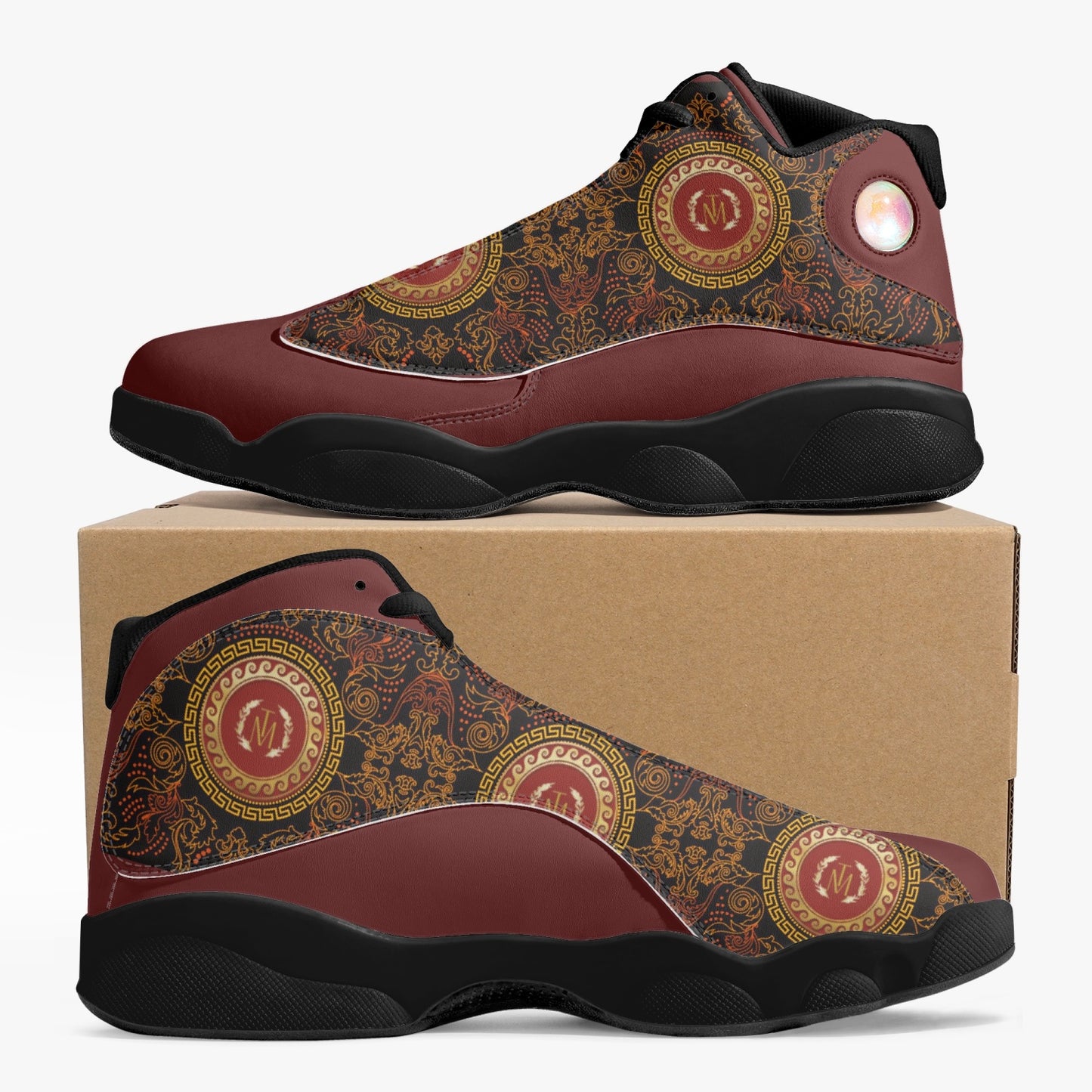 TM Greca Burgundy. Black Sole High-Top Leather Basketball Sneakers (J-Edition)