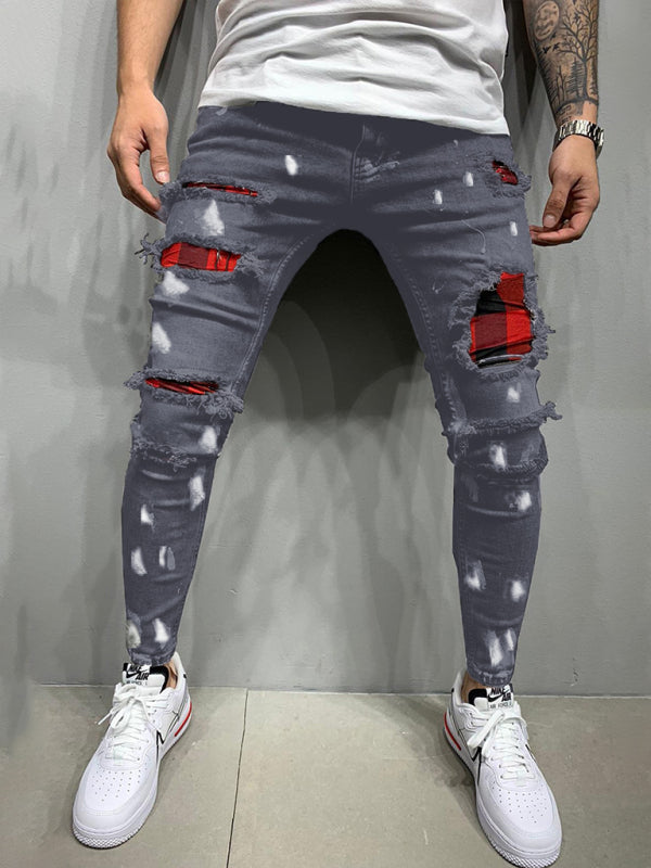 Men's Fashion Mid Waist Ripped Slim Jeans Pattern