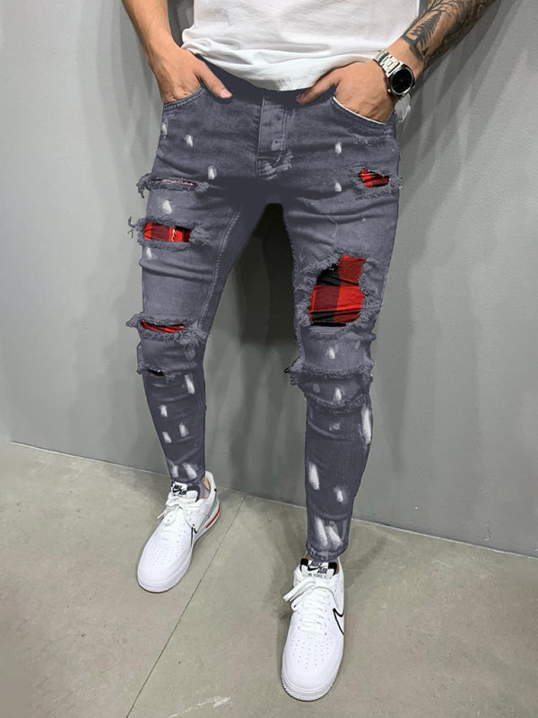 Men's Fashion Mid Waist Ripped Slim Jeans Pattern