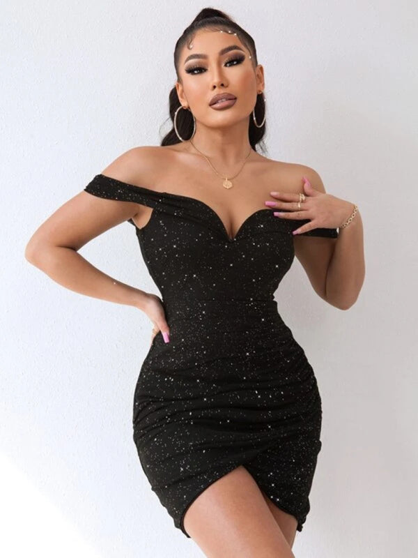 Sexy v-neck one-shoulder dress celebrity party high-end slit hot girl bag hip