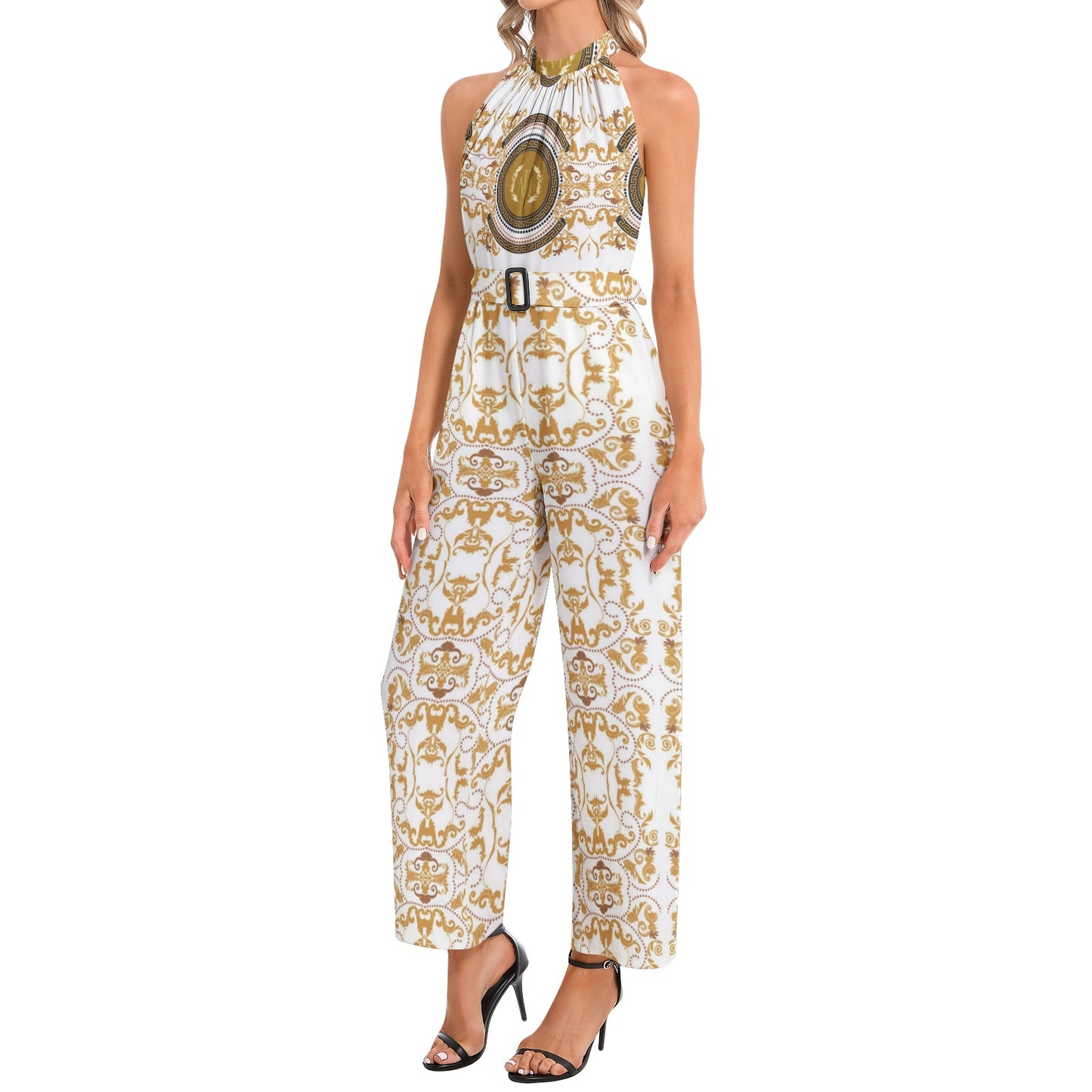 TM Luxury Fall Halter Neck Buckle Belted Jumpsuit