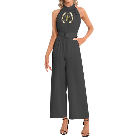 TM Luxury Halter Neck Buckle Belted Jumpsuit (Black/Gold Reef)