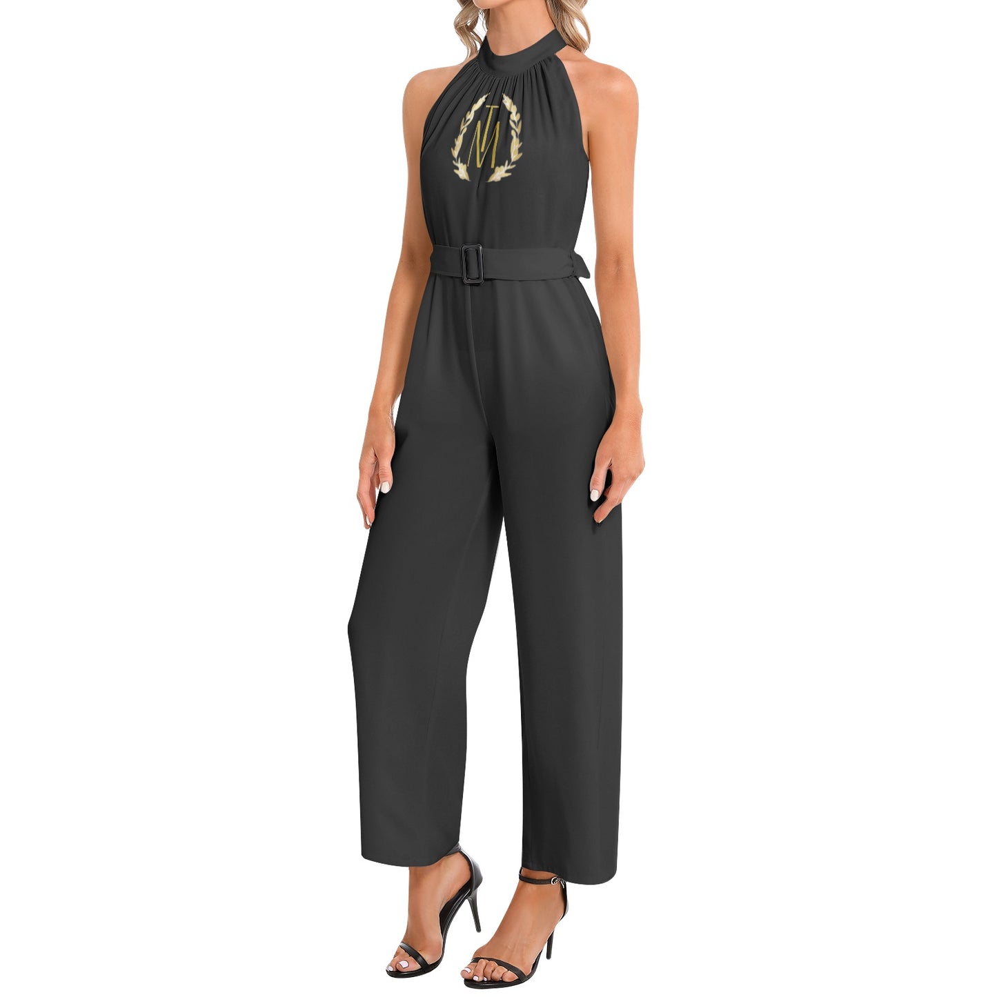 TM Luxury Halter Neck Buckle Belted Jumpsuit (Black/Gold Reef)