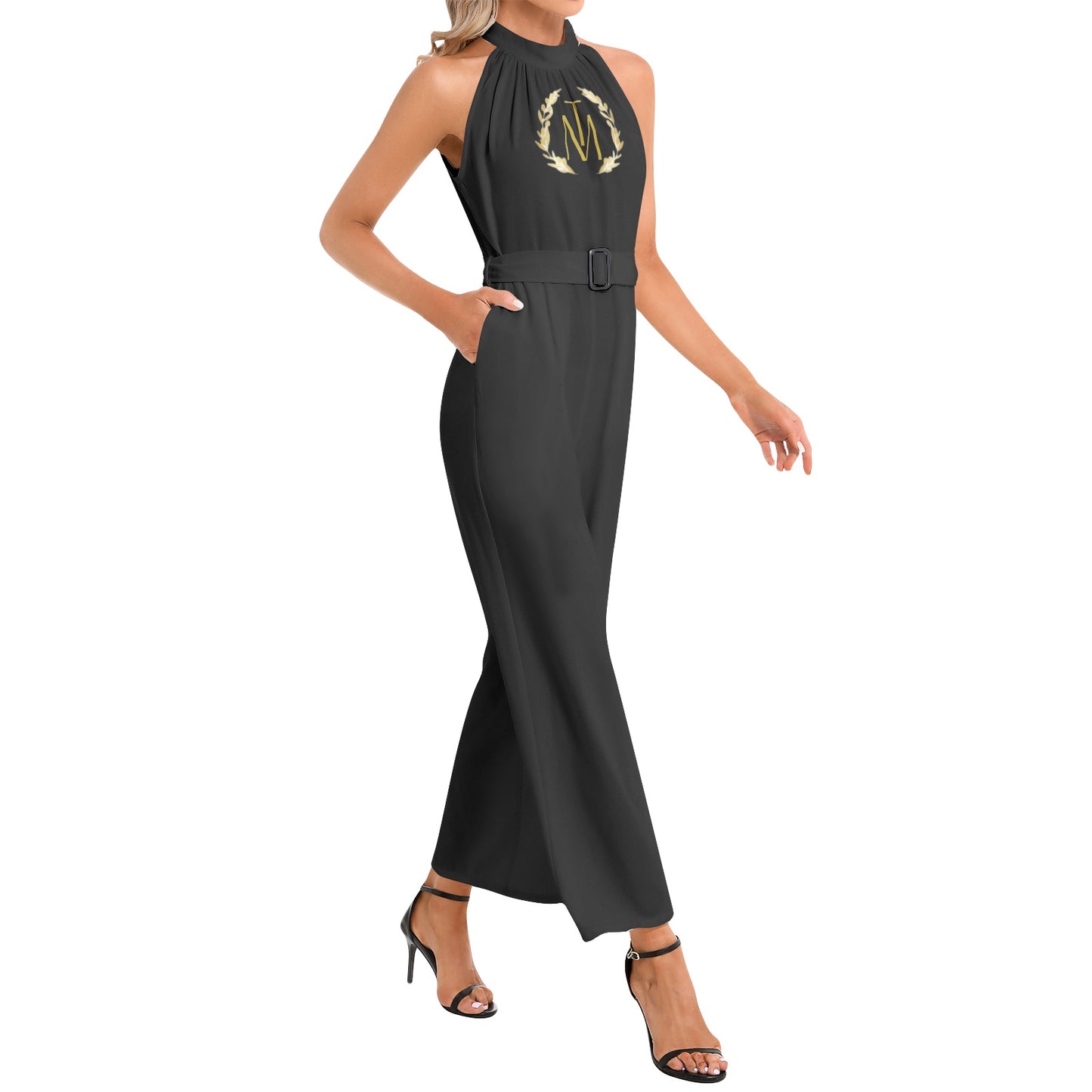 TM Luxury Halter Neck Buckle Belted Jumpsuit (Black/Gold Reef)