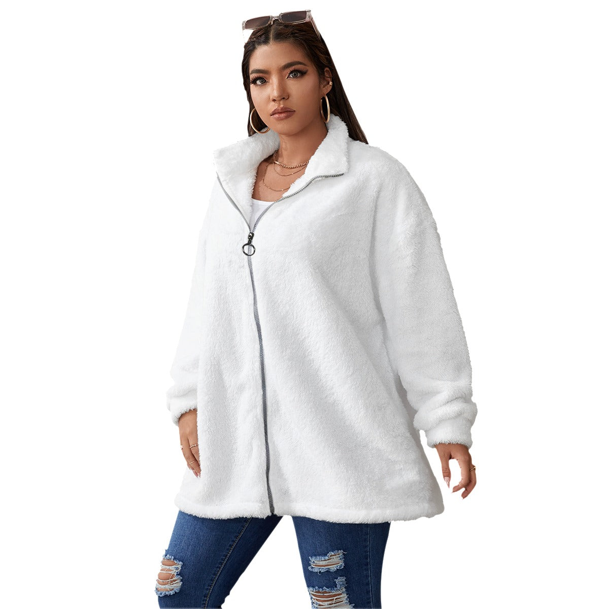 TM Women's Borg Fleece Stand-up Collar Coat W/Zipper Closure (white)