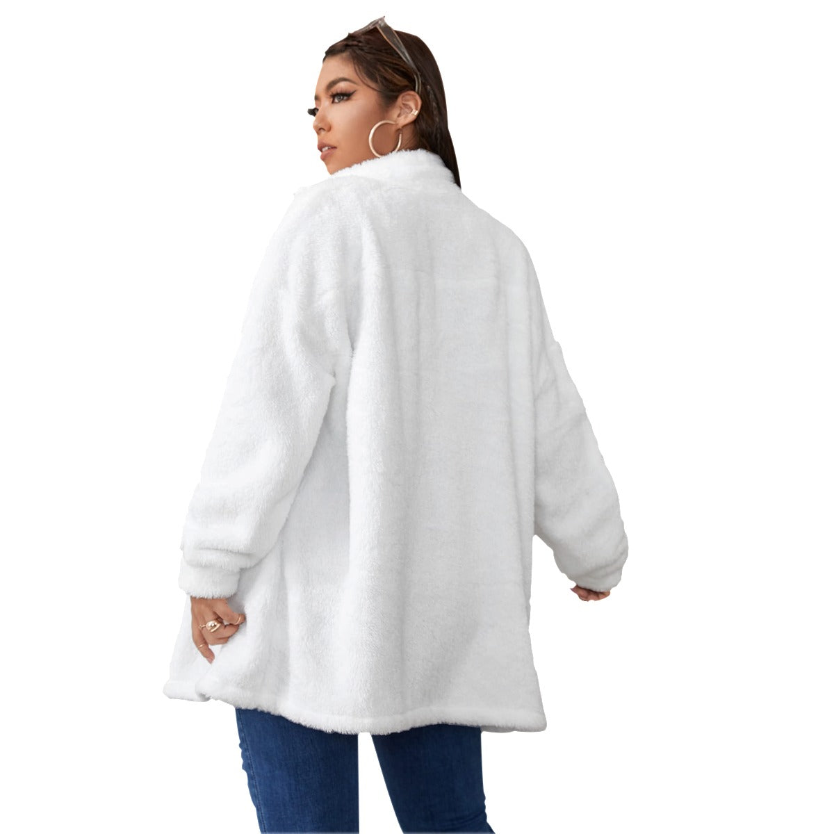 TM Women's Borg Fleece Stand-up Collar Coat W/Zipper Closure (white)