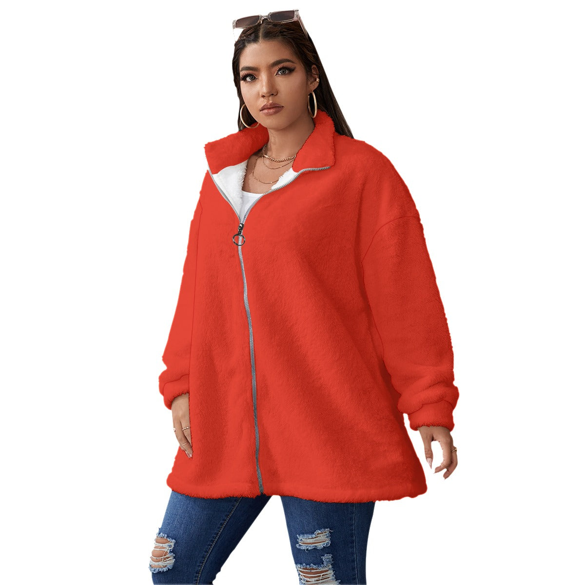 TM Women's Borg Fleece Stand-up Collar Coat With Zipper Closure (RED)