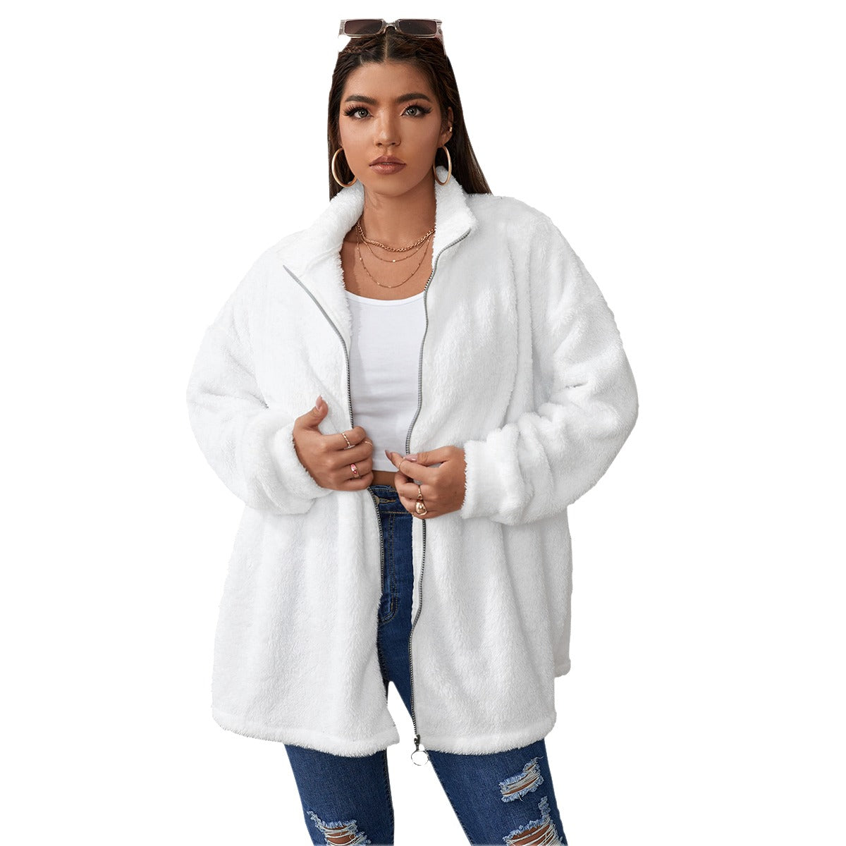 TM Women's Borg Fleece Stand-up Collar Coat W/Zipper Closure (white)