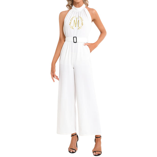 TM Luxury Halter Neck Buckle Belted Jumpsuit (White/Gold Reef)