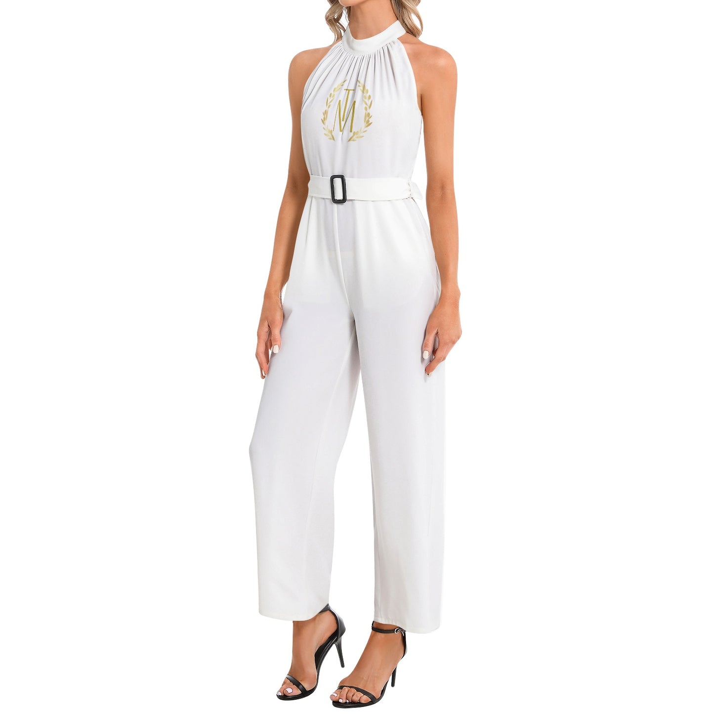 TM Luxury Halter Neck Buckle Belted Jumpsuit (White/Gold Reef)