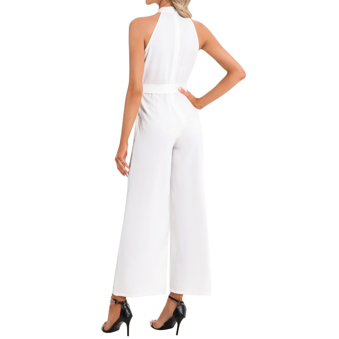 TM Luxury Halter Neck Buckle Belted Jumpsuit (White/Gold Reef)